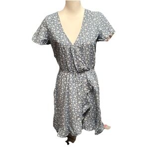 J. Crew Mercantile Floral Printed Chambray Faux Wrap Ruffle‎ Dress Size XS